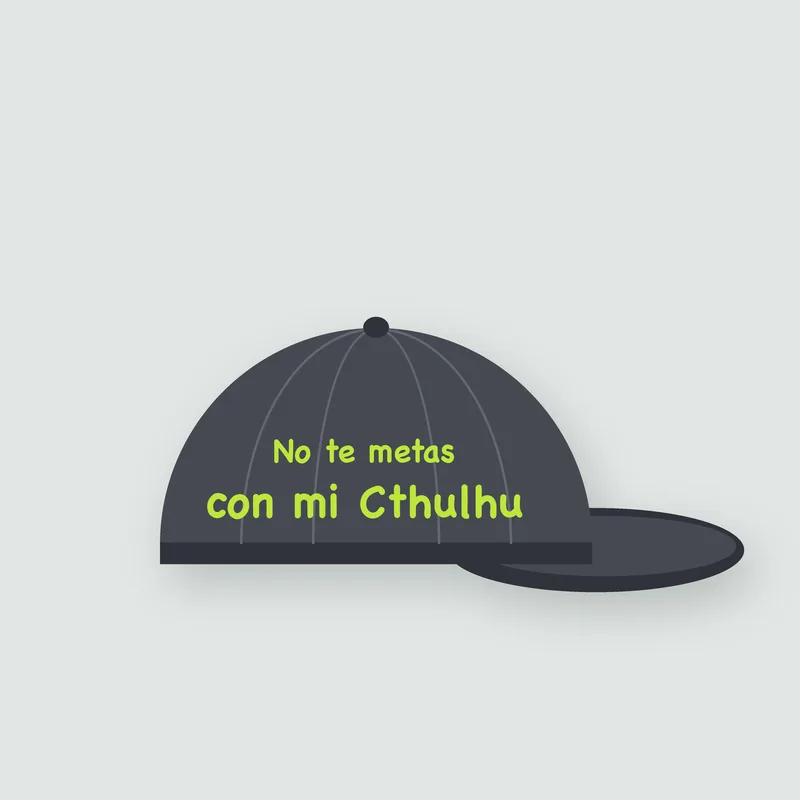 Gorra gris carbón con la frase «No te metas con mi Cthulhu» en verde limón.