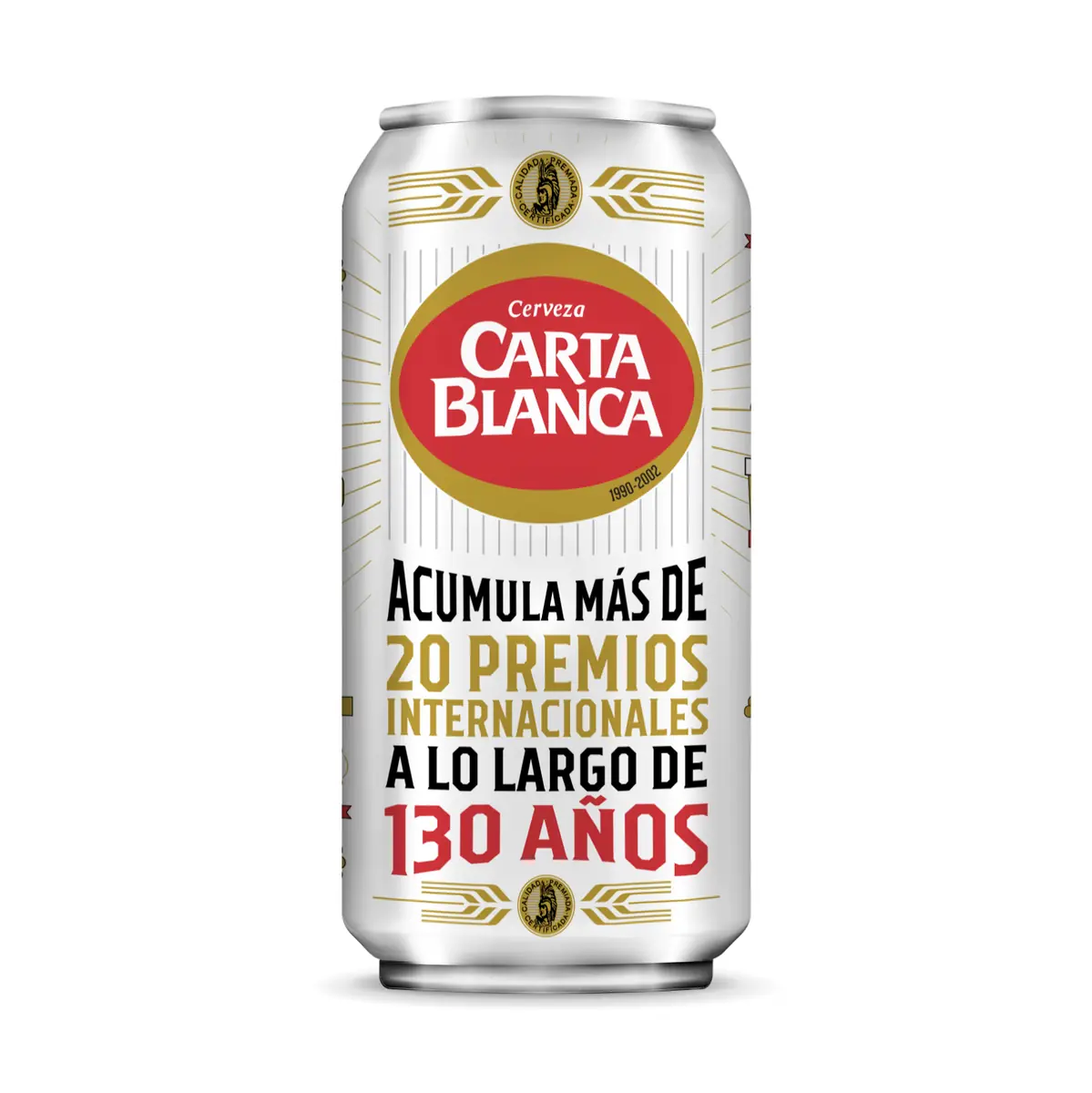 Lata de Carta Blanca con la leyenda «Acumula más de 20 premios internacionales a lo largo de 130 años».