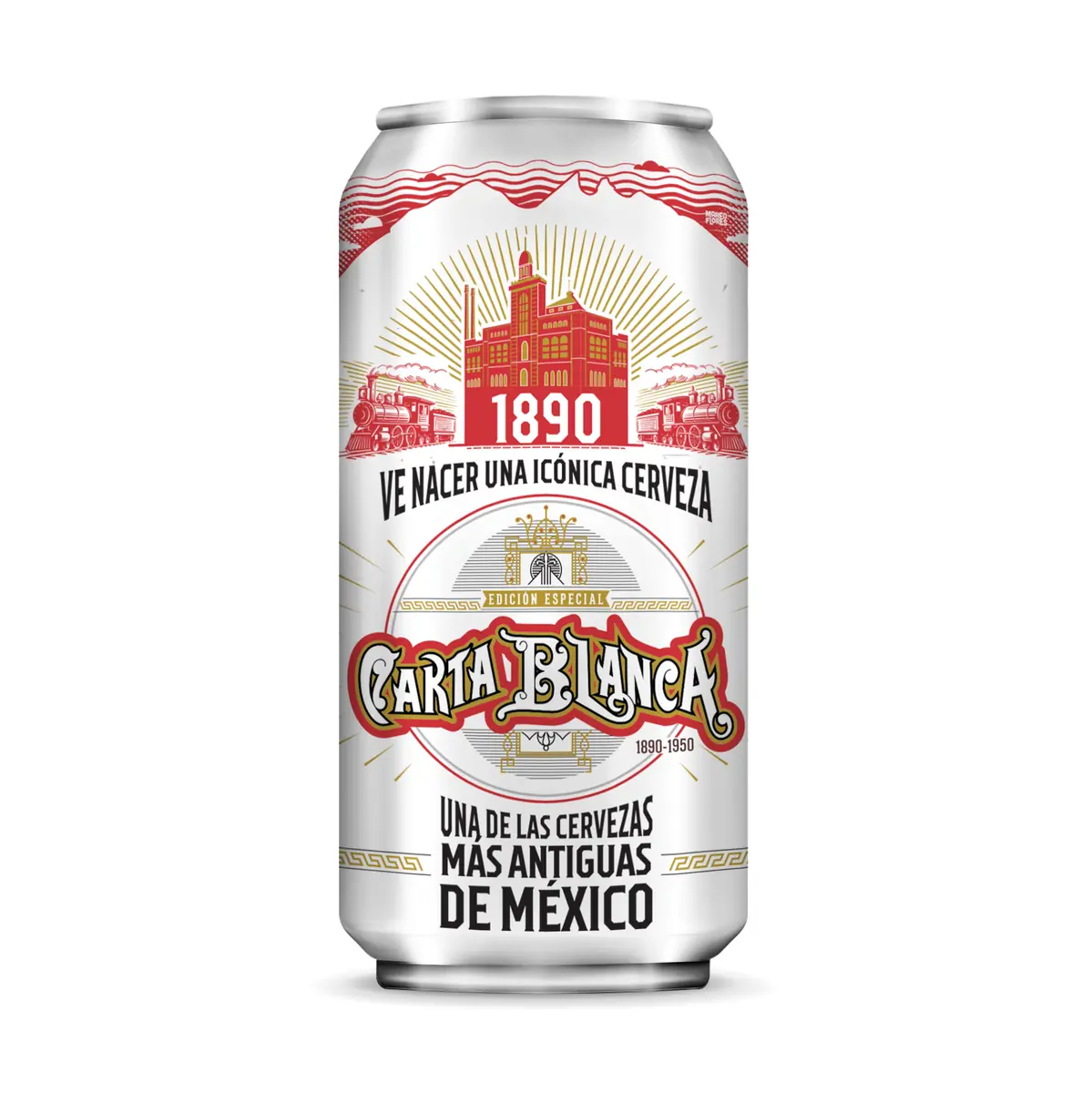 Lata de Carta Blanca ilustrada con la cervecería de 1890 y la leyenda «Una de las cervezas más antiguas de México».