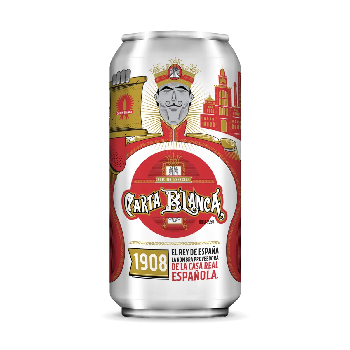 Lata de Carta Blanca ilustrada con un rey bigotón y el año 1908, en rojo y dorado.