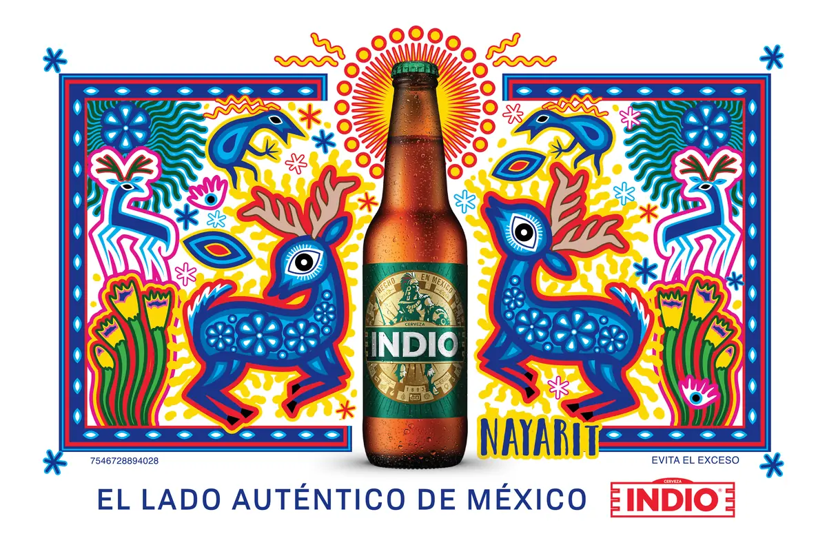 Cartelera de Cerveza Indio para Nayarit: venados y aves al estilo del arte huichol alrededor de una botella.