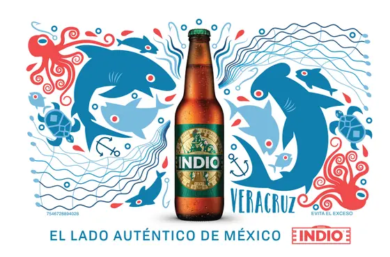 Cartelera de Cerveza Indio para Veracruz: delfines, pulpos y tortugas en azul y rojo alrededor de una botella.