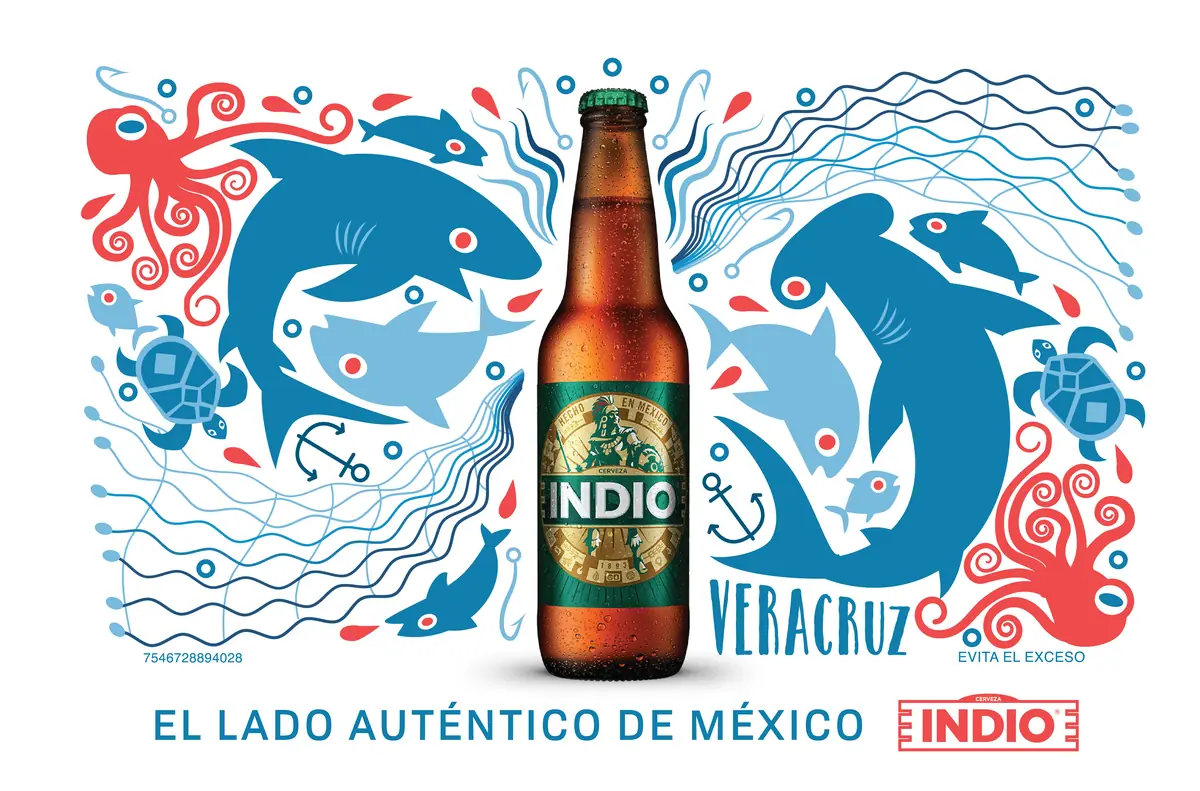 Cartelera de Cerveza Indio para Veracruz: delfines, pulpos y tortugas en azul y rojo alrededor de una botella.