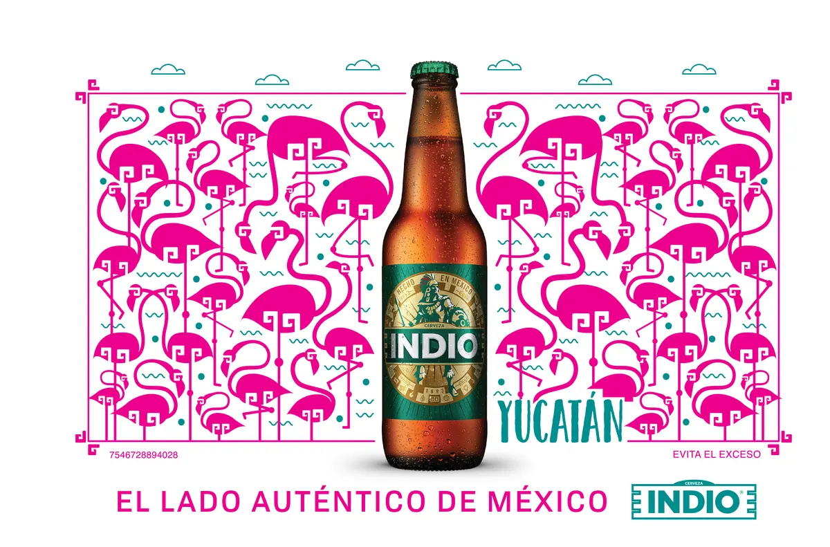 Cartelera de Cerveza Indio para Yucatán: una parvada de flamencos rosas alrededor de una botella.