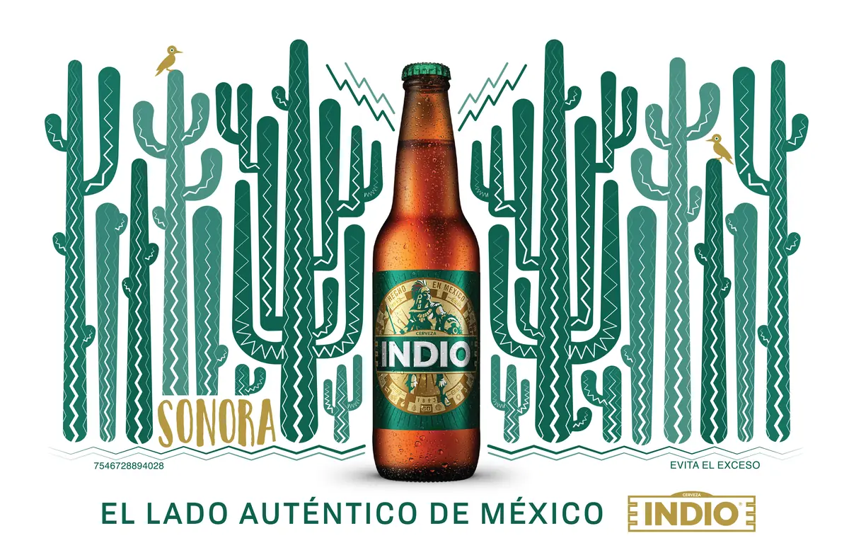 Cartelera de Cerveza Indio para Sonora: cactus verdes alrededor de una botella.