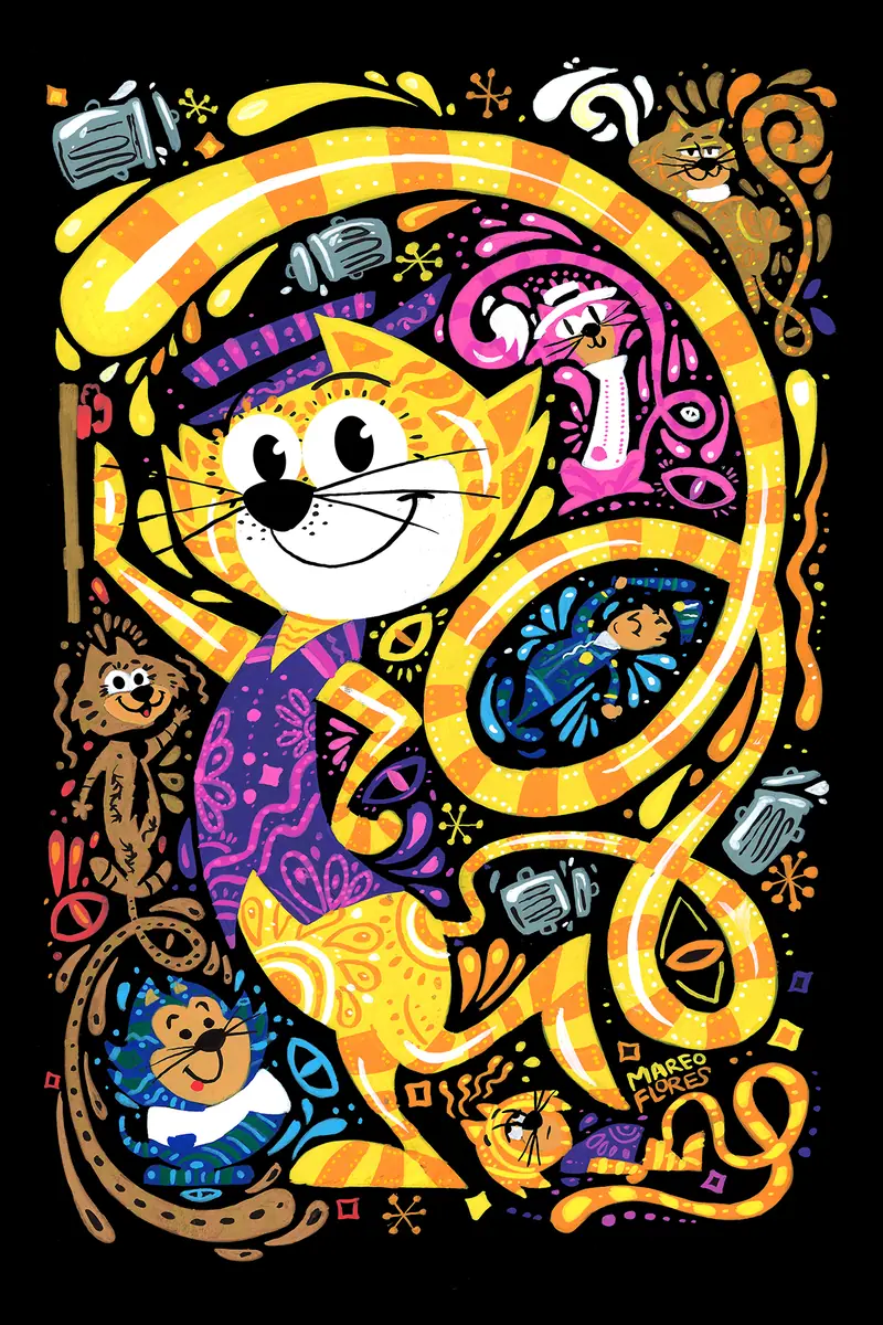 Póster de un gato amarillo de caricatura enredado en una cinta, rodeado de personajes, sobre fondo negro.