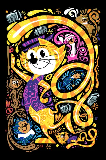Póster de un gato amarillo de caricatura enredado en una cinta, rodeado de personajes, sobre fondo negro.