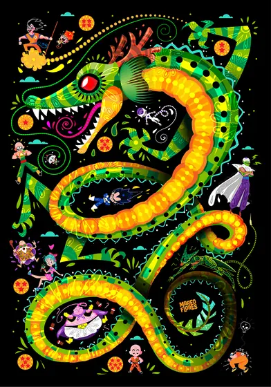 Póster de una serpiente dragón verde y amarilla que serpentea entre pequeños personajes sobre fondo negro.