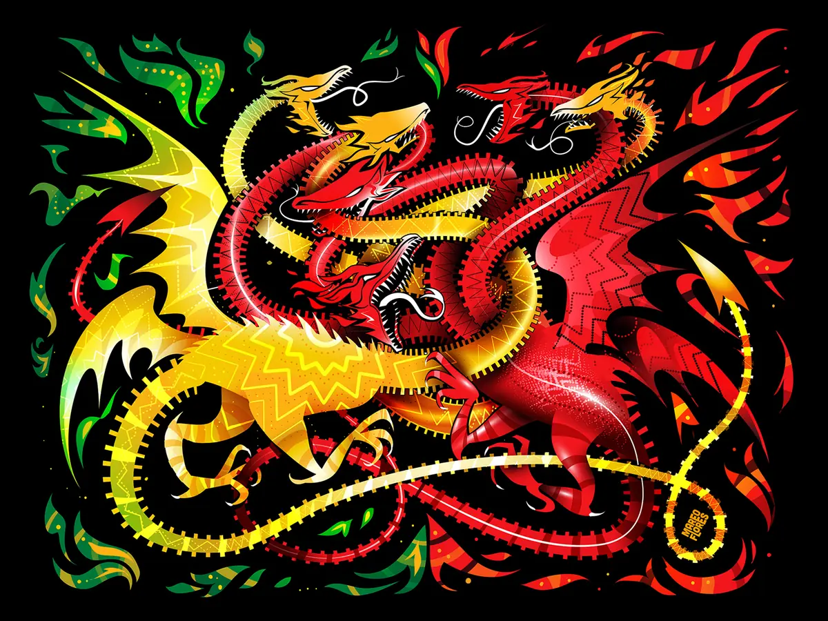 Ilustración de dos dragones, uno amarillo y uno rojo, enfrentados entre llamas.