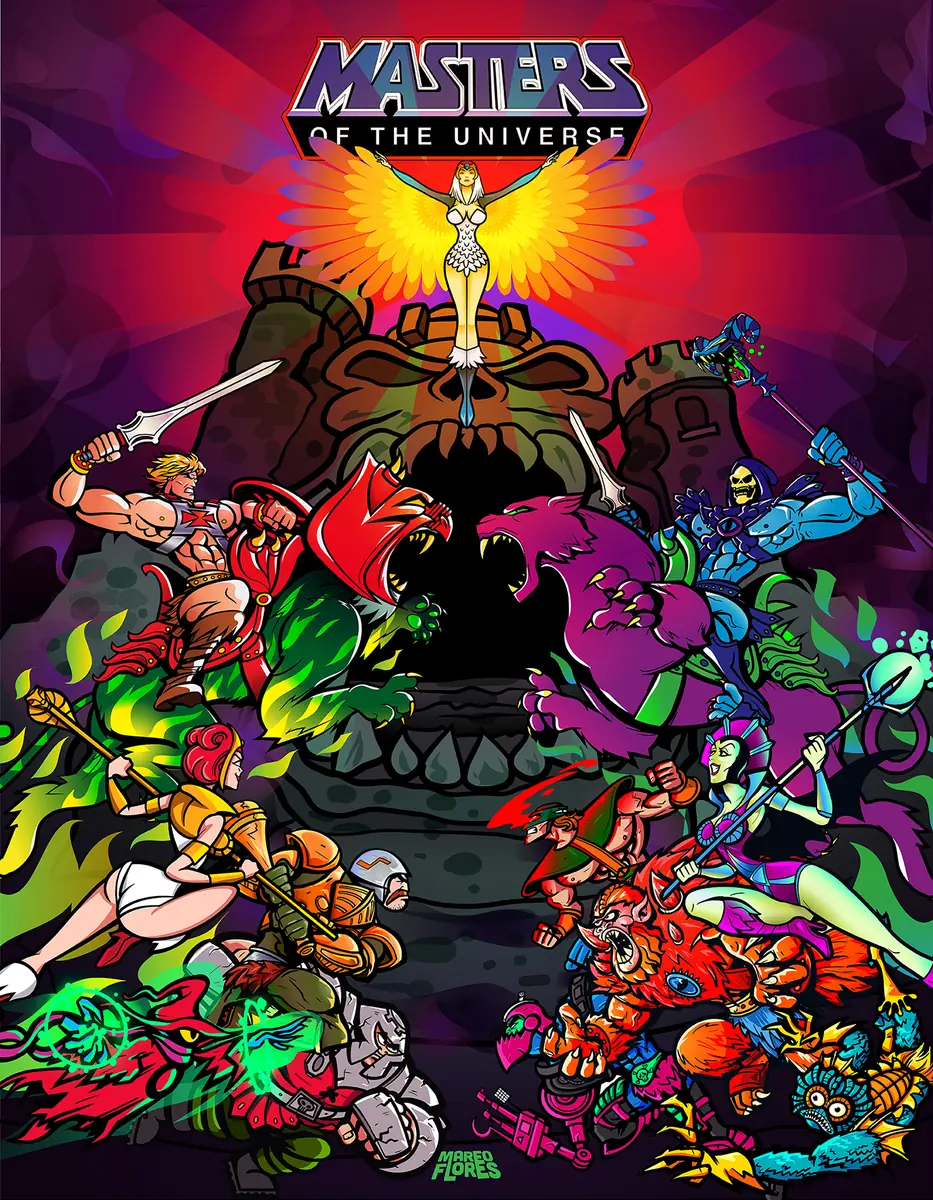 Póster de Masters of the Universe: los personajes en plena batalla frente al Castillo Grayskull.