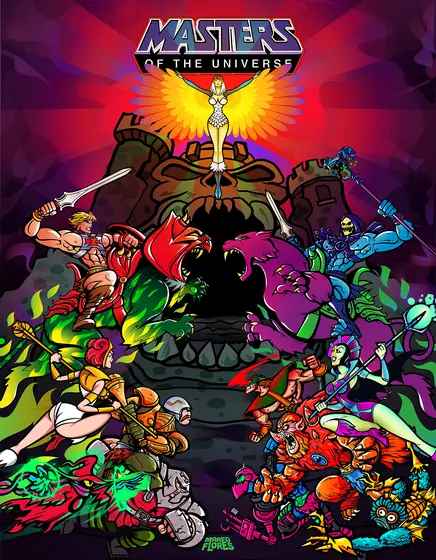 Póster de Masters of the Universe: los personajes en plena batalla frente al Castillo Grayskull.