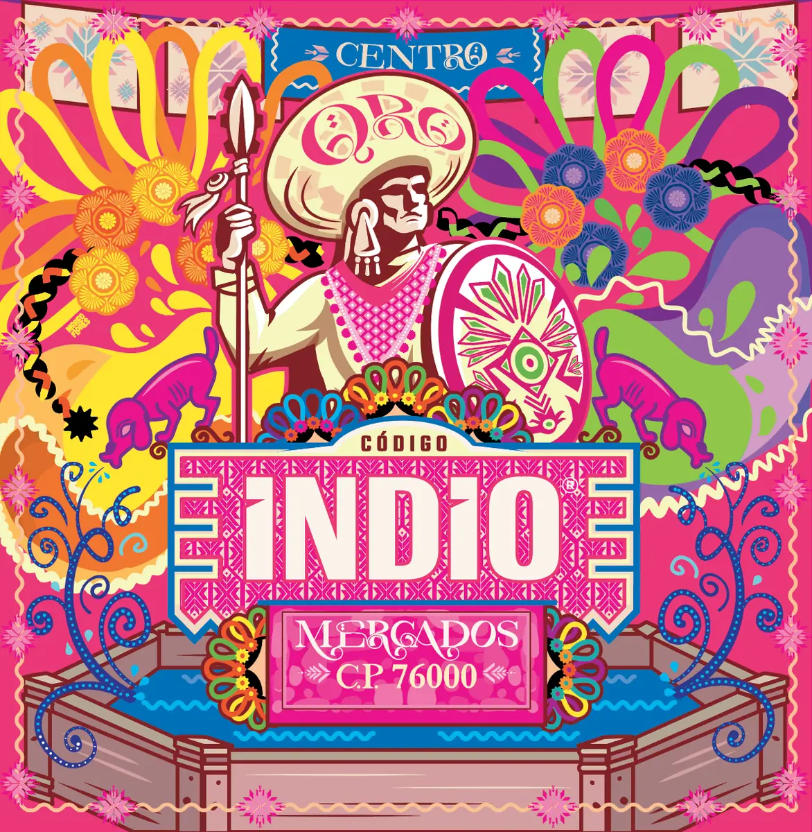 Etiqueta Código Indio de mercados con el guerrero frente a un sombrero de charro, rodeado de flores de papel, cempasúchil y alebrijes rosas.