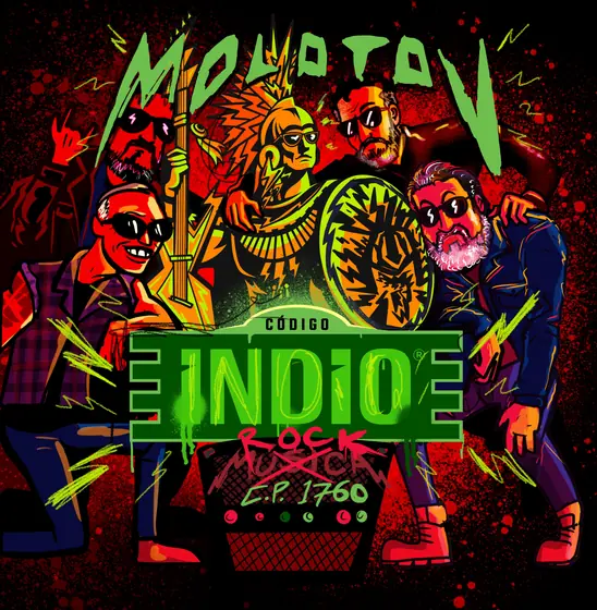 Etiqueta Código Indio de rock: el guerrero bajo el nombre Molotov, rodeado de personajes con lentes oscuros, en verde neón sobre fondo rojo y negro.