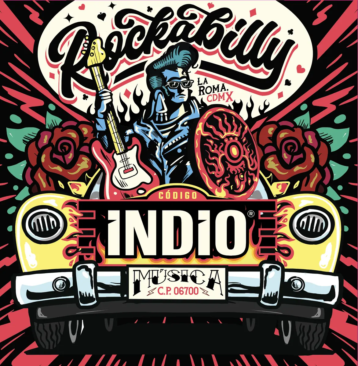 Etiqueta Código Indio de rockabilly: el guerrero entre rosas, una guitarra y el frente de un auto amarillo.