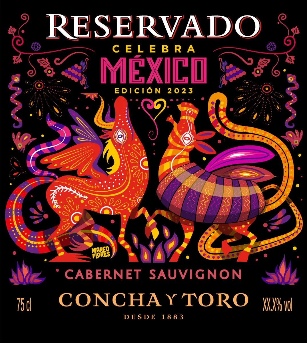 Etiqueta de Cabernet Sauvignon Reservado Celebra México: dos criaturas tipo alebrije en rojo, naranja y morado sobre fondo negro.