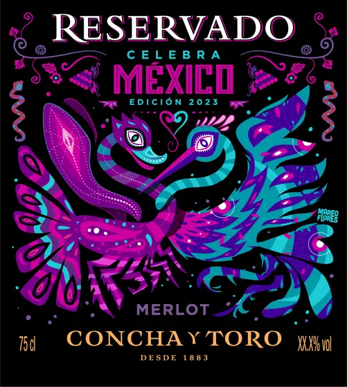 Etiqueta de Merlot Reservado Celebra México: dos criaturas tipo alebrije en magenta y turquesa sobre fondo negro.