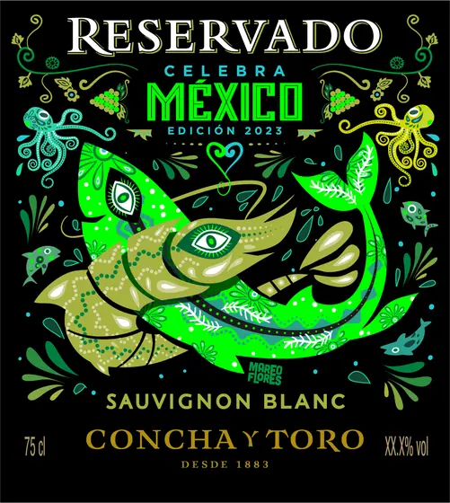 Etiqueta de Sauvignon Blanc Reservado Celebra México: un pez verde neón rodeado de pulpos y ornamentos sobre fondo negro.