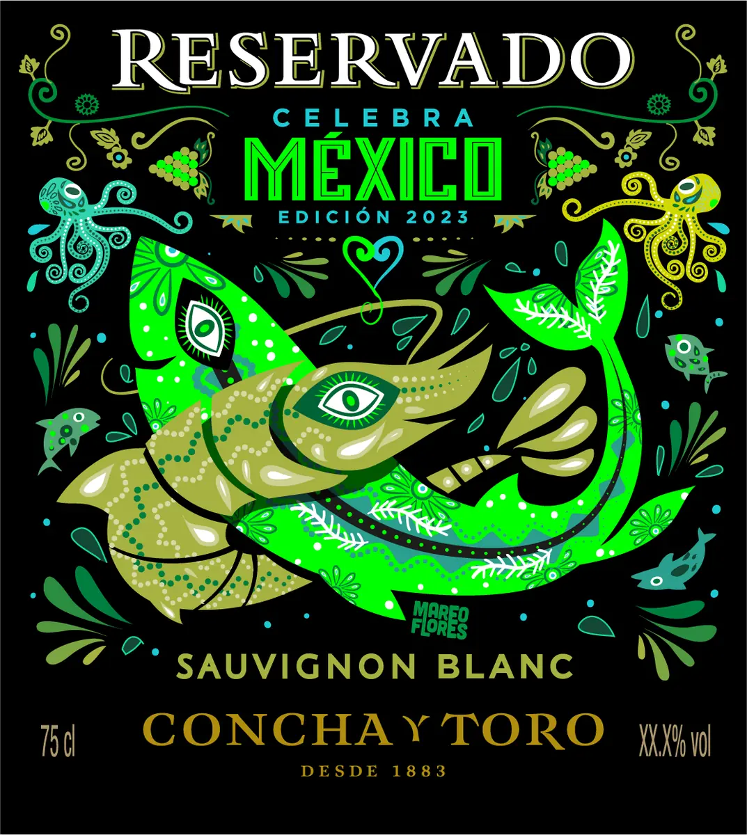 Etiqueta de Sauvignon Blanc Reservado Celebra México: un pez verde neón rodeado de pulpos y ornamentos sobre fondo negro.