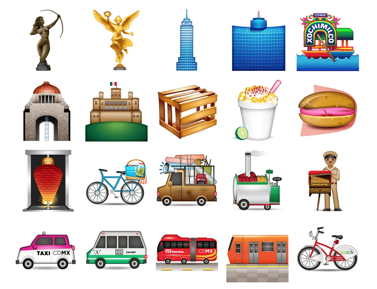 Set de emojis de la Ciudad de México: el Ángel de la Independencia, la Diana Cazadora, la Torre Latinoamericana, una trajinera, tacos, el metro y bicicletas.