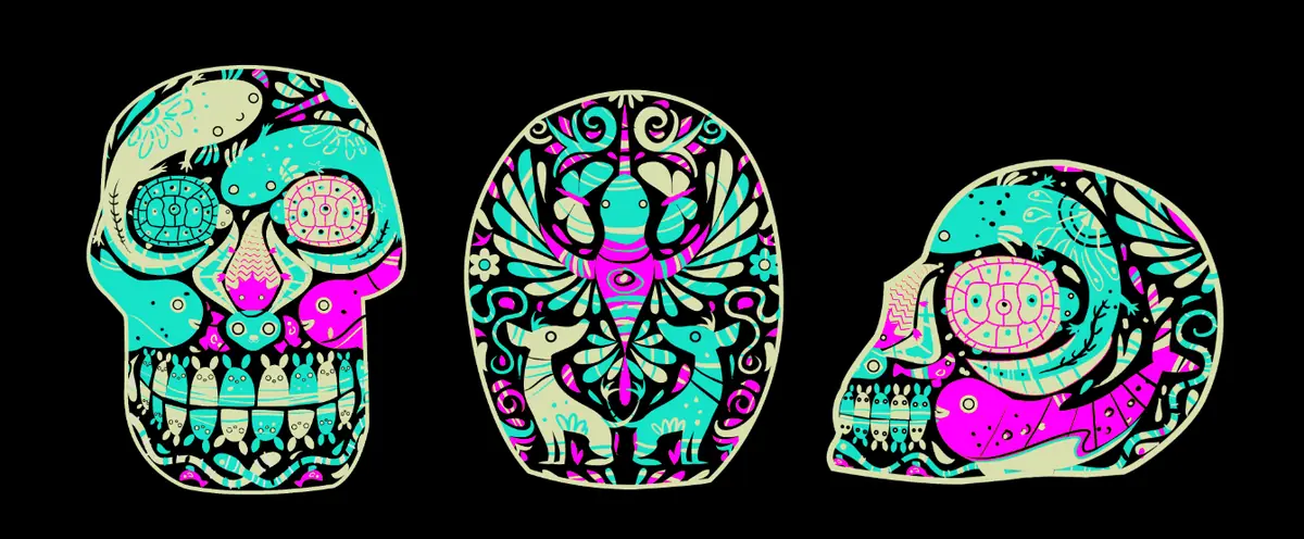 Tres bocetos digitales de la calavera, de frente, por detrás y de perfil.