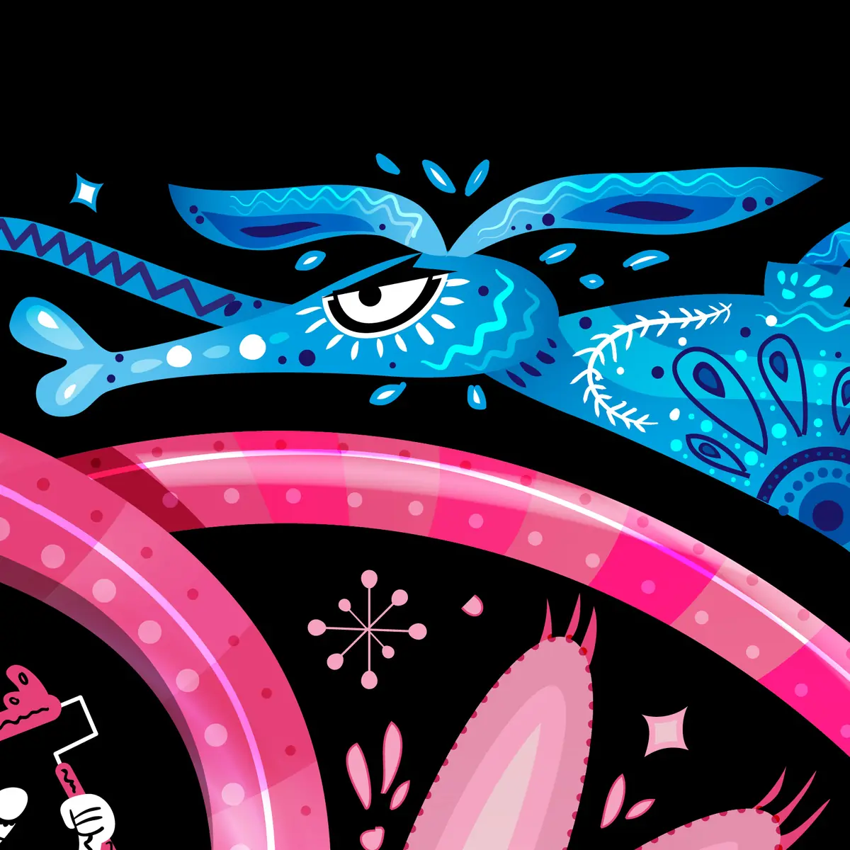 Detalle de una criatura azul sobre la cola rosa de la pantera.